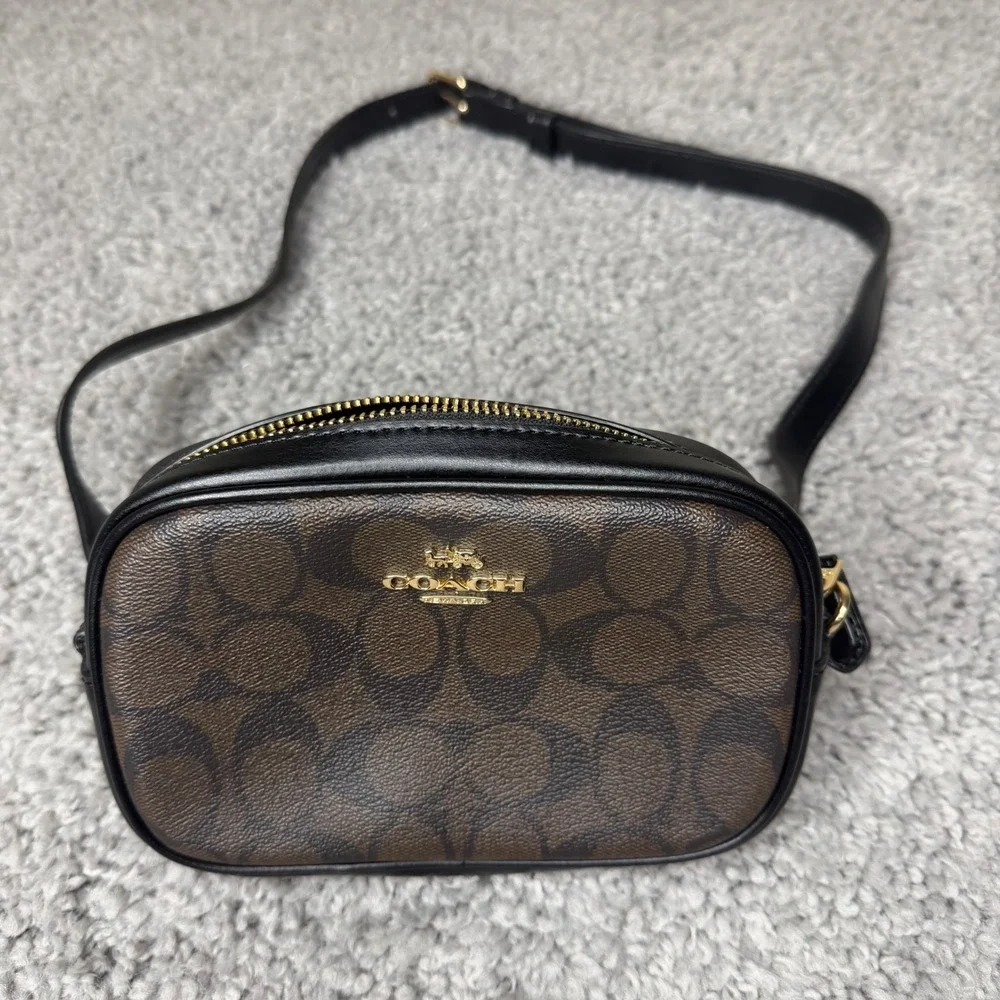 Coach Signature Canvas Camera Bag Belt Bag Crossbody Brown Black 2 Straps